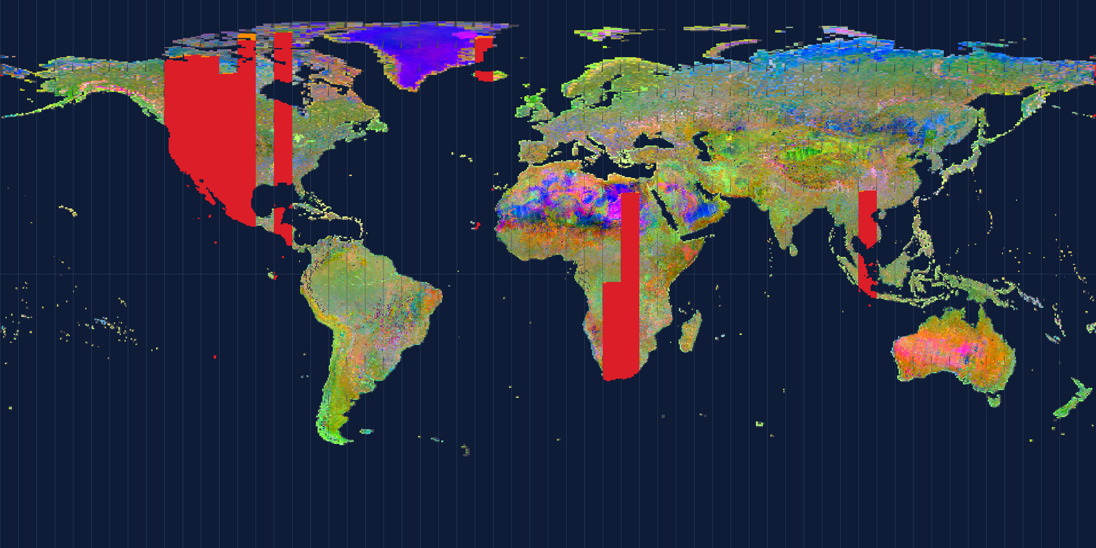 A world map for 2025 with wide vertical red stripes across North America, central Africa and south east Asia